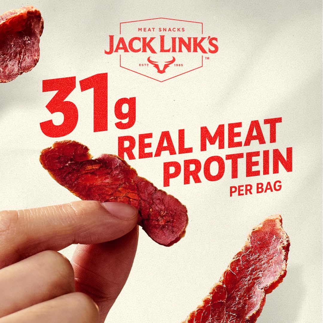 Jack Link's beef jerky slices in original and hickory smoked flavors, 4-pack of 2 oz packages with beef jerky slices on a wooden surface.