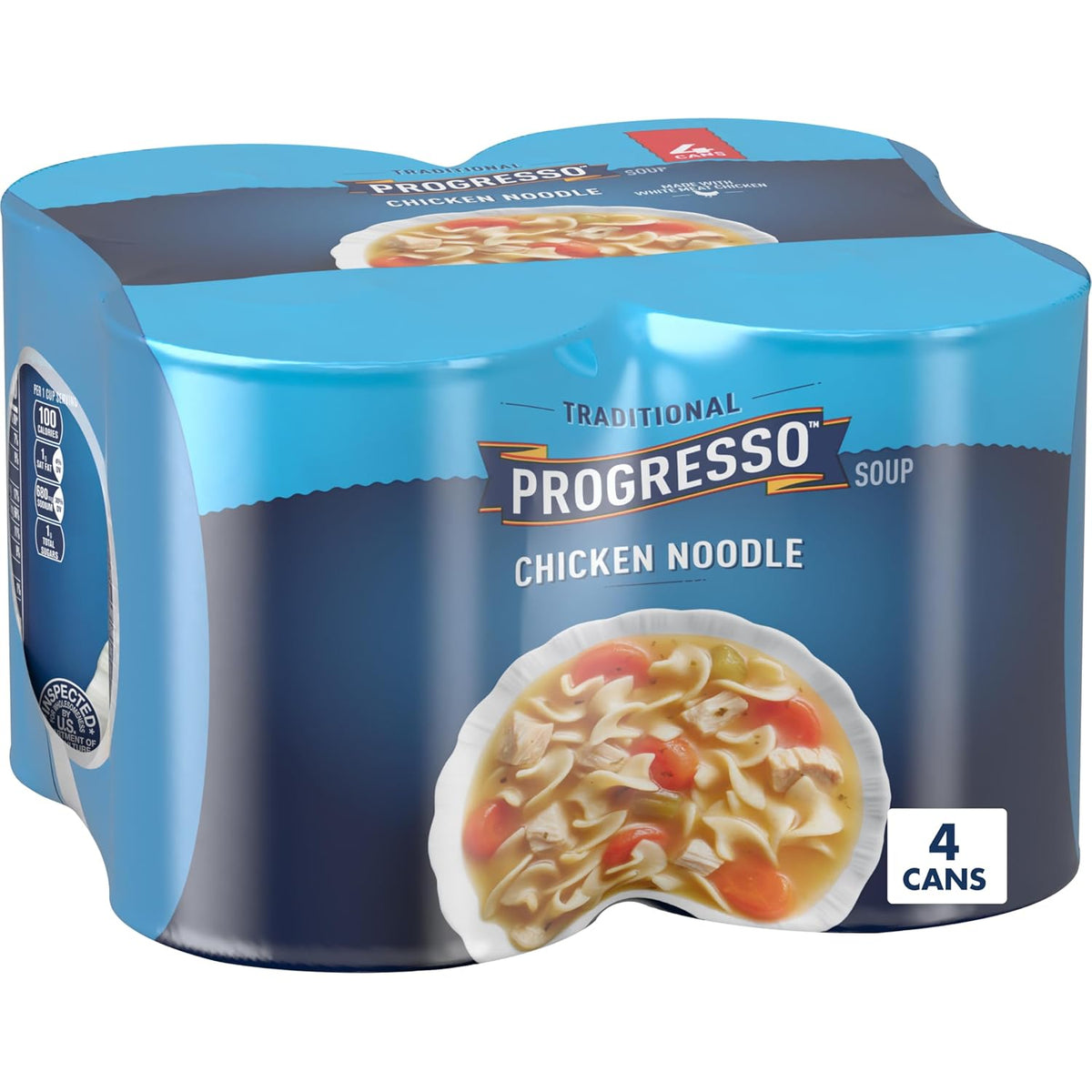 Cans of Progresso Traditional Chicken Noodle Soup, 19 oz, 4-pack, featuring labels with chicken, noodles, and vegetables.