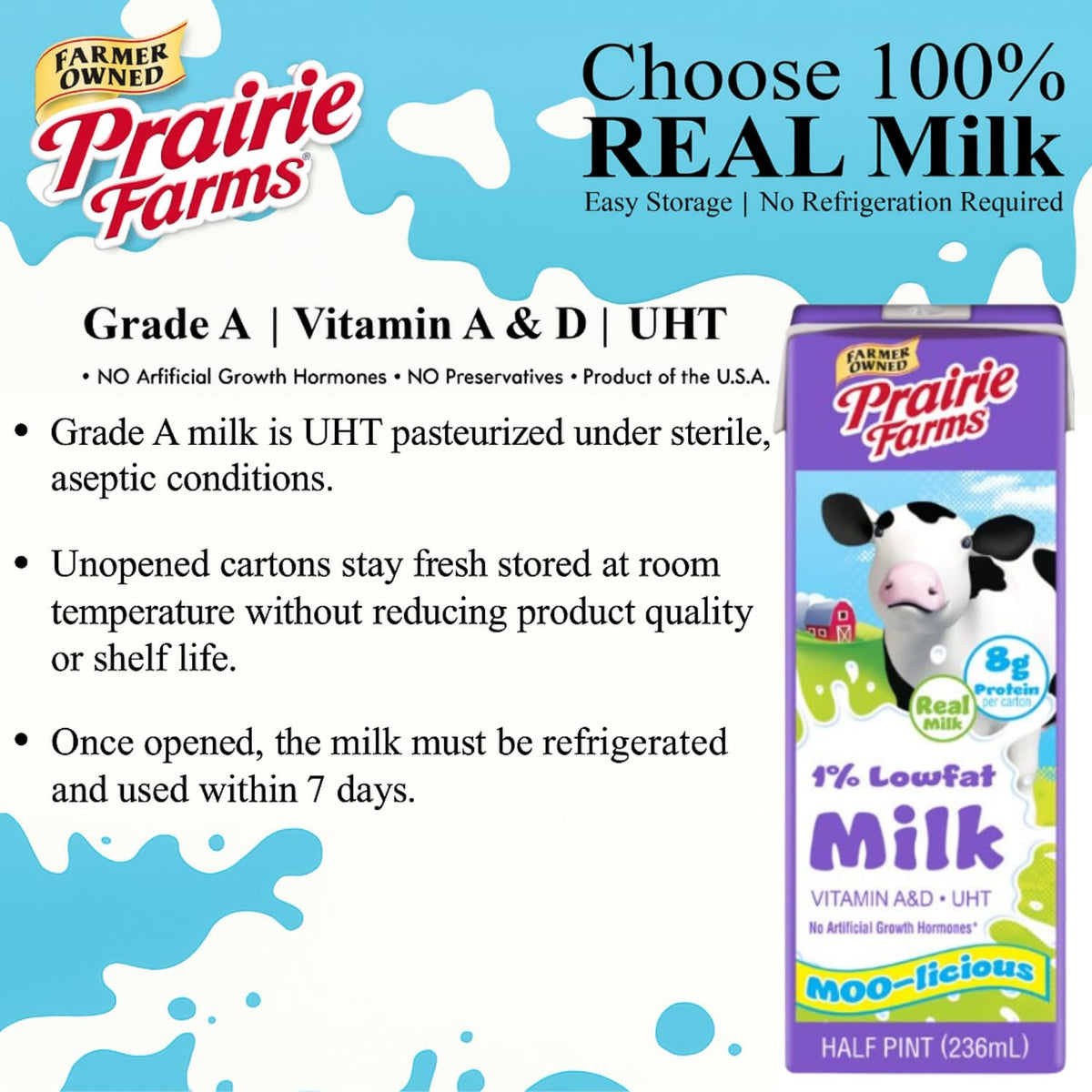 Prairie Farms 1% low fat shelf stable milk box, ultra pasteurized with Vitamin D, preservative-free, hormone-free, Kosher, 8 fl oz.