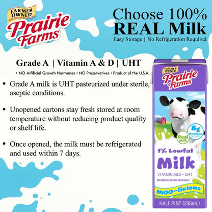 Prairie Farms 1% low fat shelf stable milk box, ultra pasteurized with Vitamin D, preservative-free, hormone-free, Kosher, 8 fl oz.