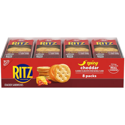 Ritz peanut butter and cheese sandwich crackers variety pack with 20 snack packs, showing assorted cracker sandwiches and packaging.