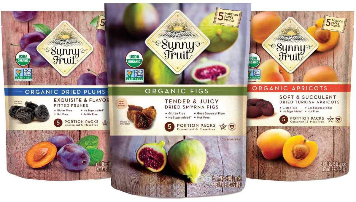 Sunny Fruit dried fruit snack packs, 6 bags with 30 portions, featuring assorted dried fruits in individual packaging.
