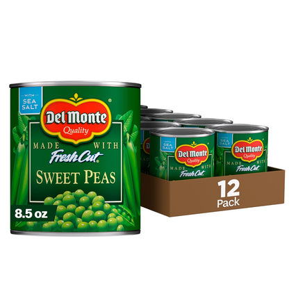 Canned Del Monte sweet peas in a 15-ounce can, shown in the image with the label and contents visible.
