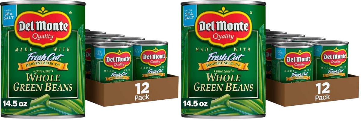 Canned green beans by Del Monte Harvest Selects Blue Lake, 14.5 oz, 12-pack, ready to eat in a typical can with green beans visible.