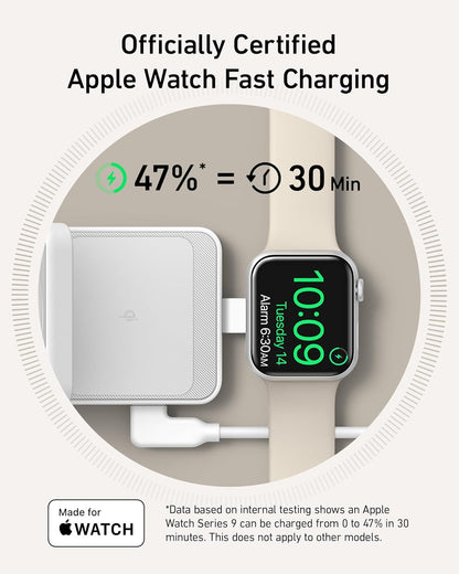 Anker MagGo wireless charging station, foldable 3-in-1 design with multiple charging pads and magnetic connectors for smartphones and accessories.
