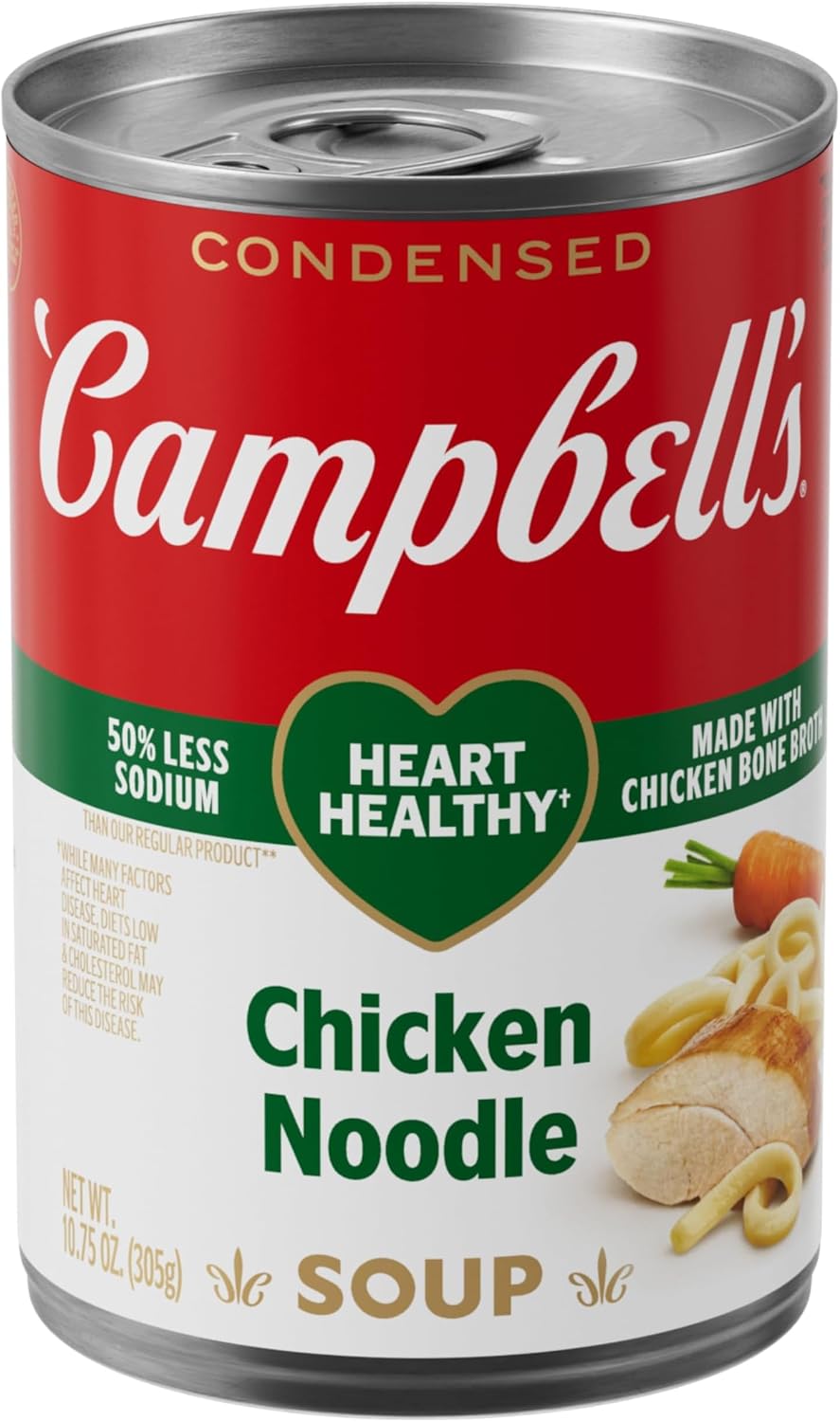 Campbell's Homestyle Chicken Noodle Soup in 10.5 oz cans, pack of 12, featuring a bowl of soup with noodles, chicken, and vegetables.