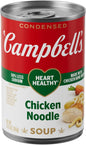 Campbell's Homestyle Chicken Noodle Soup in 10.5 oz cans, pack of 12, featuring a bowl of soup with noodles, chicken, and vegetables.