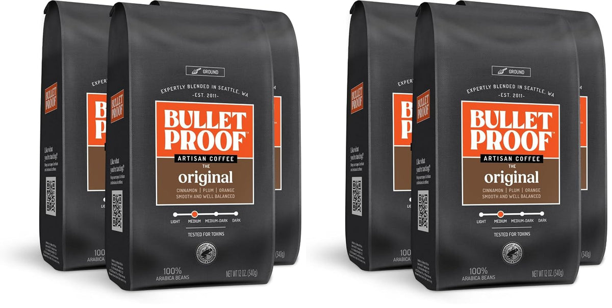 Three packages of Bulletproof Original Medium Roast Ground Coffee, 12 oz each, shown in a 3-pack bundle.