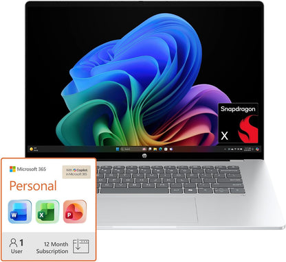 HP OmniBook 5 16-inch AI laptop with 2K display, Snapdragon X1, 16GB RAM, 512GB SSD, Glacier Silver, Windows 11 Home.
