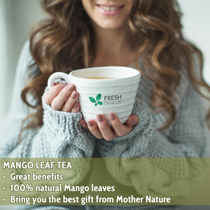 Whole dried mango leaf tea bags and loose leaf herbal tea from FreshDrinkUS, natural, caffeine-free, vegan mango leaf tea.