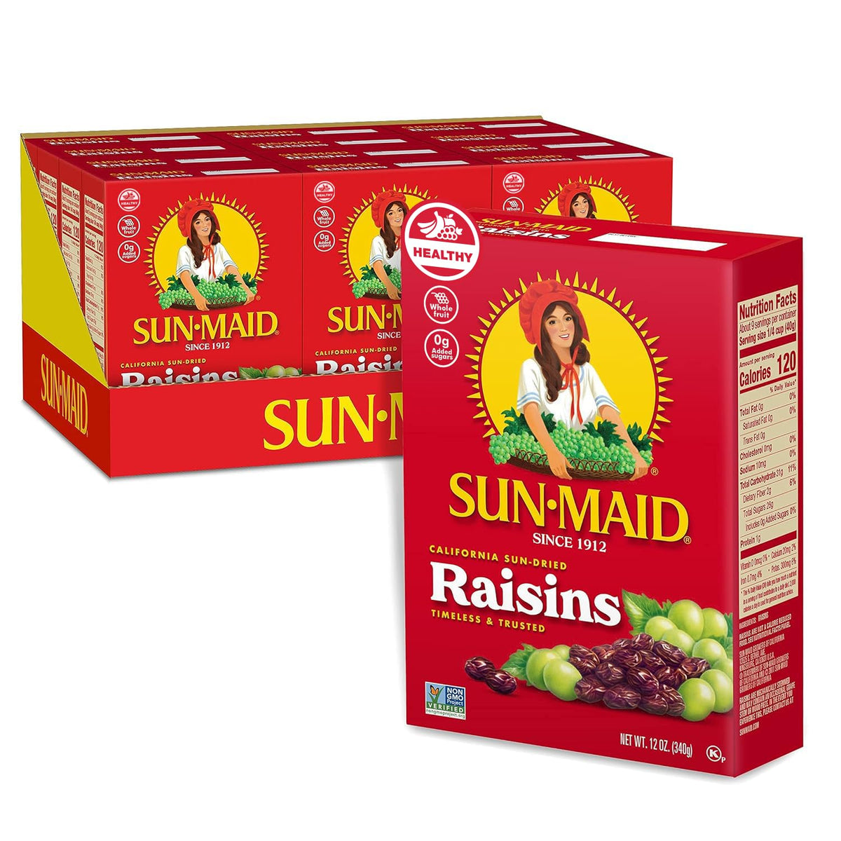 Sun-Maid dried fruit bundle with 32 oz California sun-dried raisins and 15 oz mixed berries including cranberries, cherries, and blueberries.