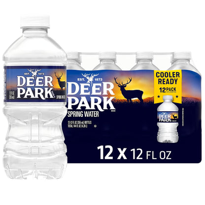 Bottled water by Deer Park, 12 fl oz, natural spring water, 12-pack, clear plastic bottles with blue caps