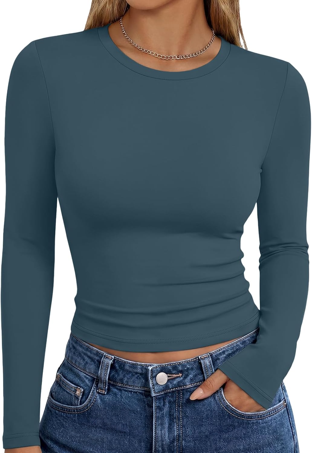 Trendy Queen women's long sleeve T-shirt featuring Y2K-inspired fall fashion, casual basic top for women in a stylish design.