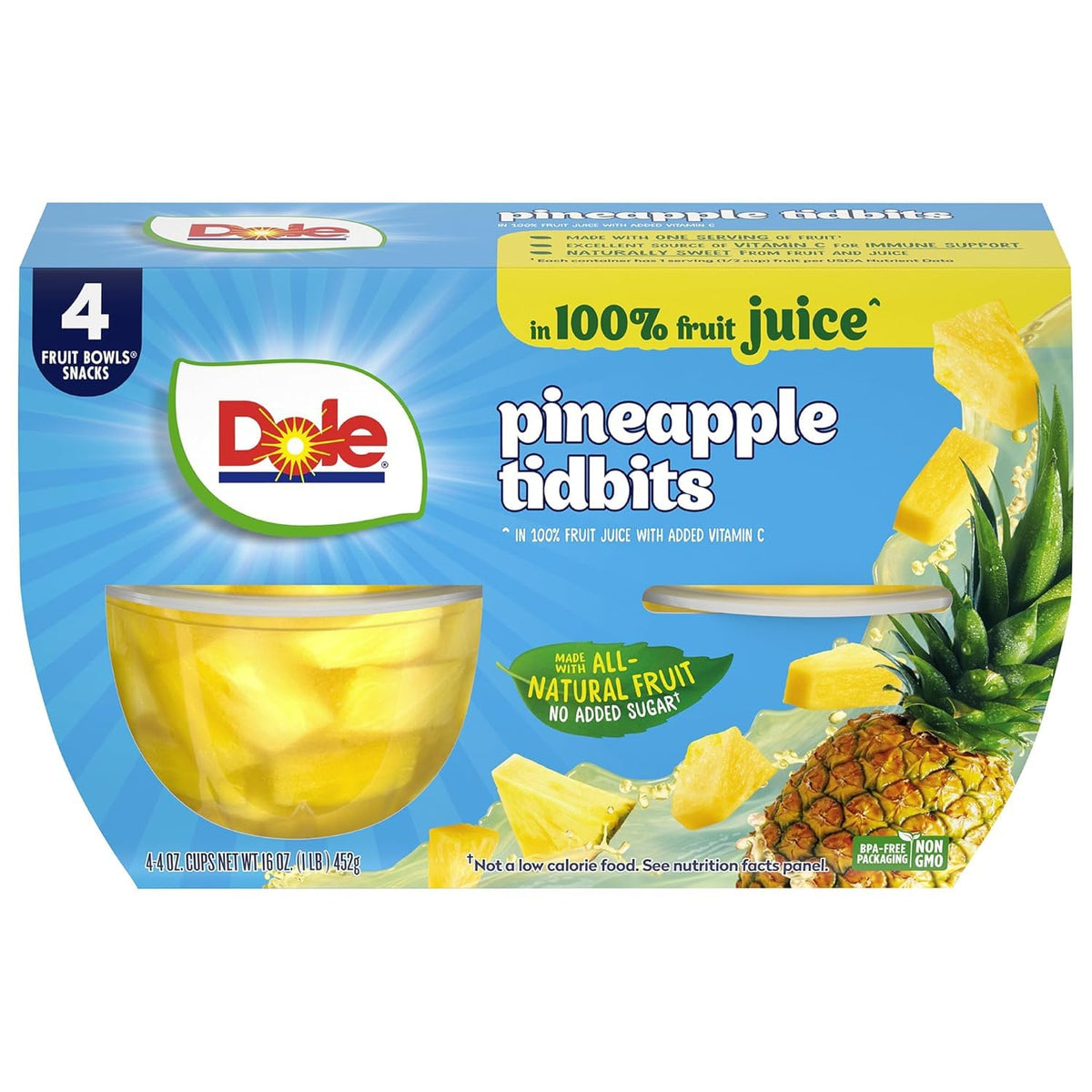 Dole canned pineapple tidbits and tropical fruit in 4 oz bowls, 12-pack, showing colorful fruit pieces in transparent containers