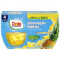 Dole canned pineapple tidbits and tropical fruit in 4 oz bowls, 12-pack, showing colorful fruit pieces in transparent containers