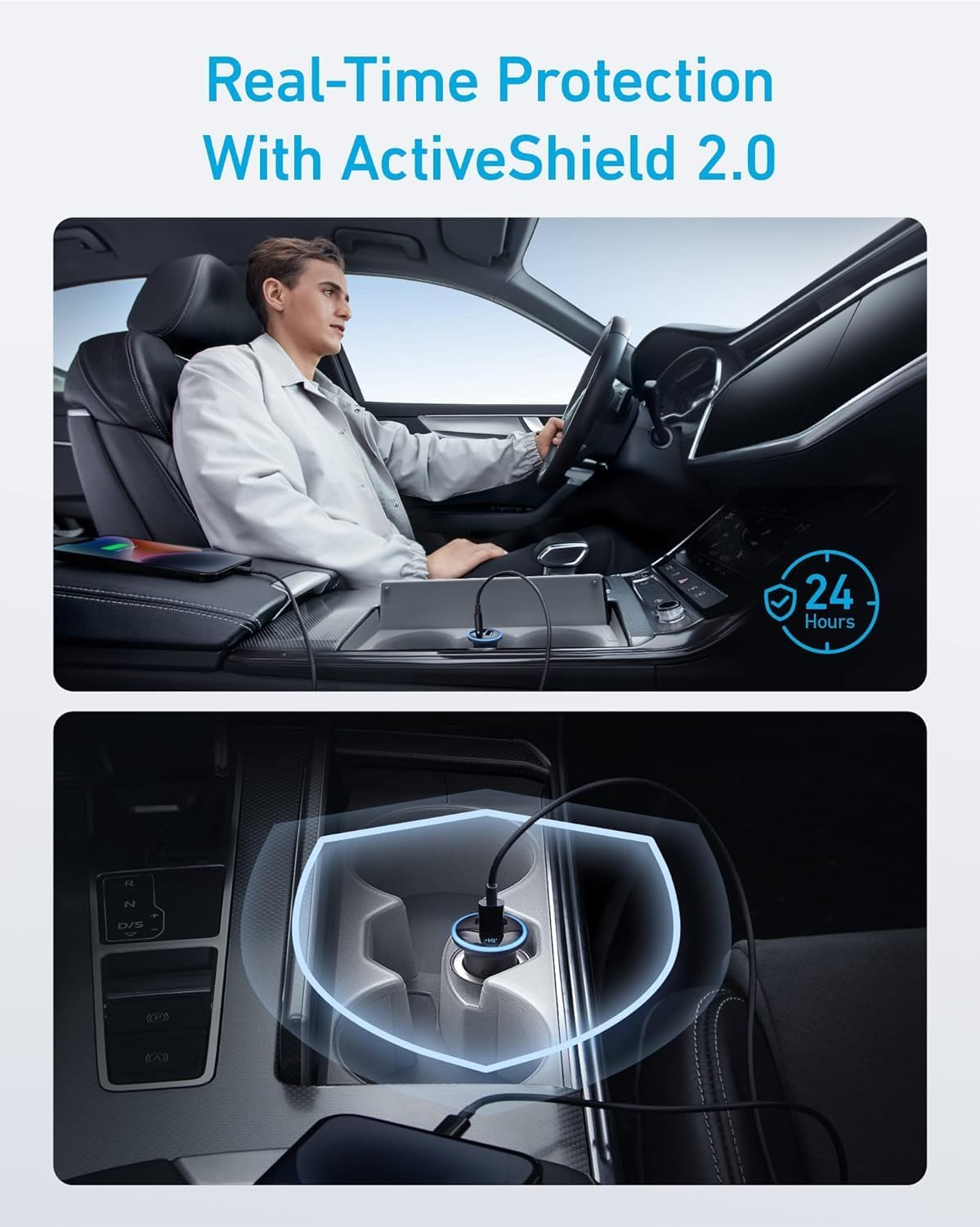 Anker 323 car charger with 52.5W power output, compact design, connected to a vehicle's cigarette lighter socket.