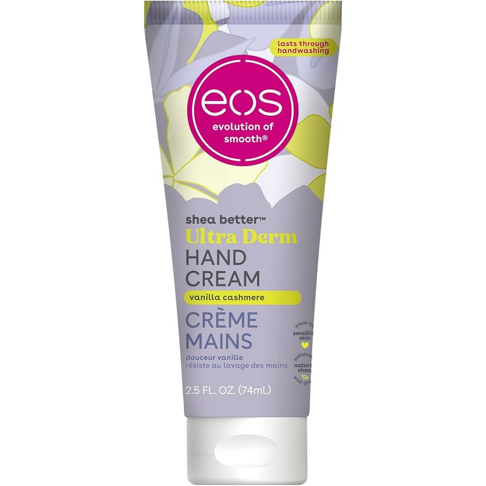 Eos Shea Better Vanilla Cashmere Ultra Derm Hand Cream tube, 2.5 fl oz, with creamy vanilla scent and moisturizing formula.