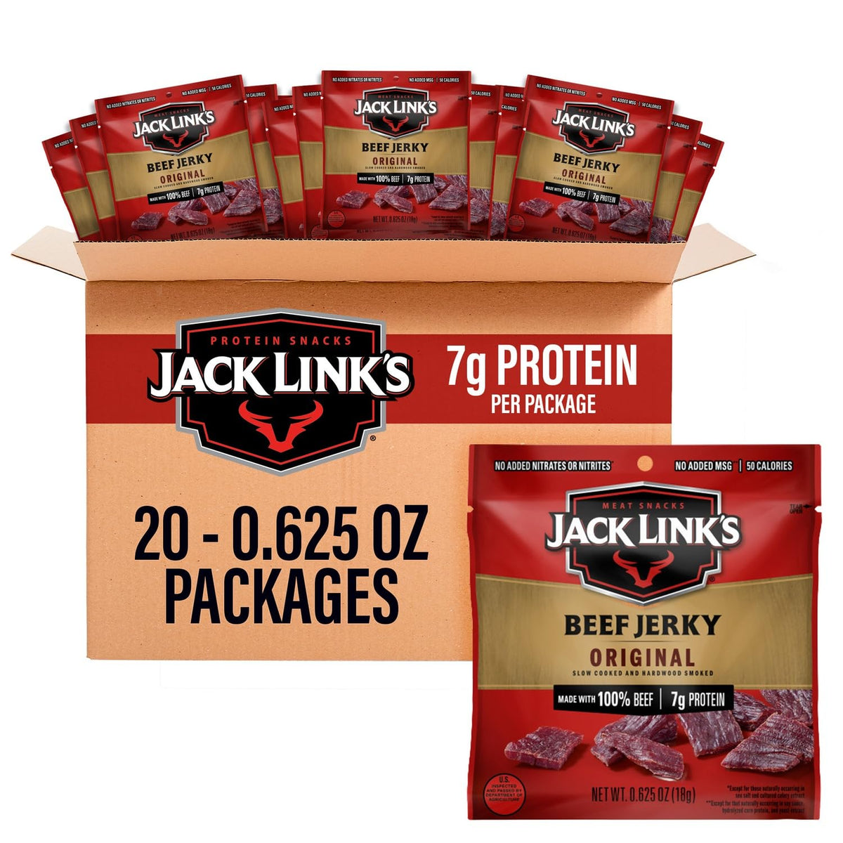 Jack Link's Beef Jerky Variety Pack with 9 packs of Original and Teriyaki flavors, each 1.25 oz, displayed in the image.