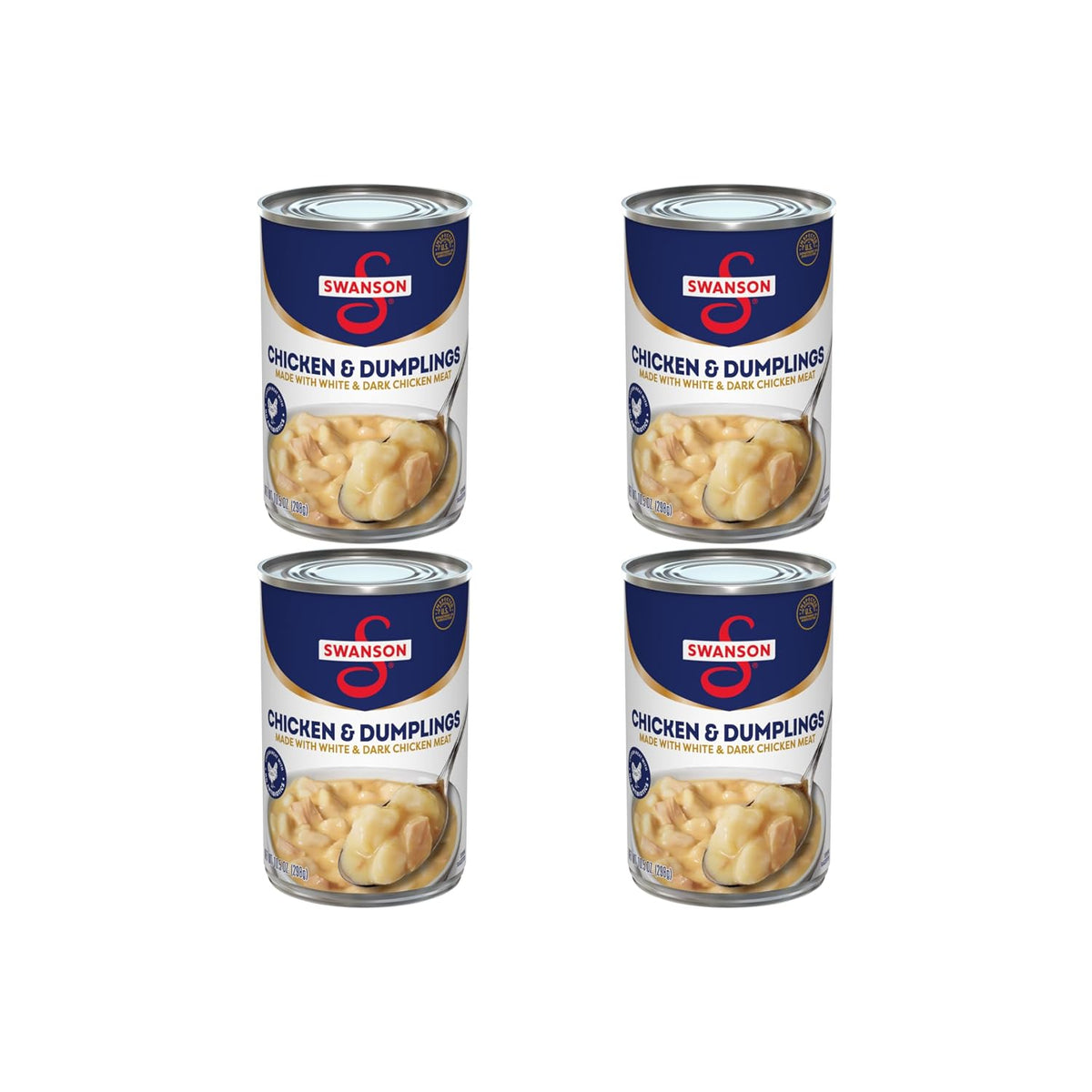 Canned Swanson White Premium Chunk Chicken in Water, 4 cans of 2.4 oz each, with labels showing chicken chunks in water