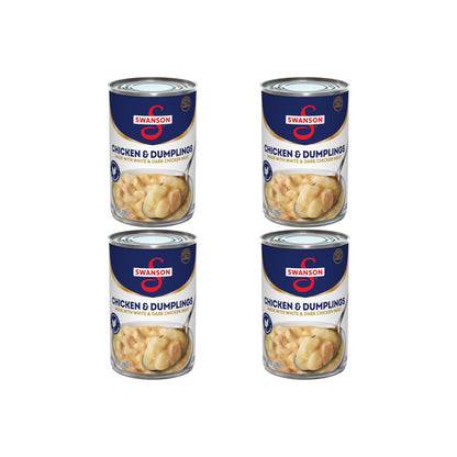 Canned Swanson White Premium Chunk Chicken in Water, 4 cans of 2.4 oz each, with labels showing chicken chunks in water