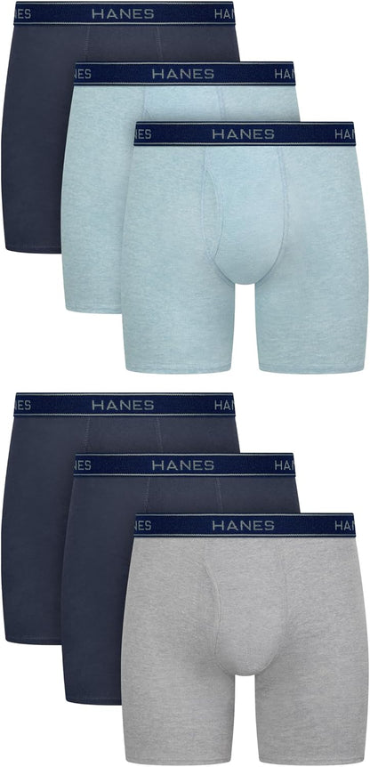 Hanes men's boxer briefs pack featuring cool, breathable cotton moisture-wicking underwear with no ride-up design.
