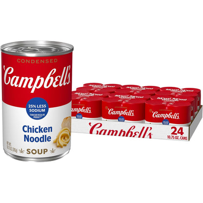 Campbell's Homestyle Chicken Noodle Soup in 10.5 oz cans, pack of 12, featuring creamy broth, tender chicken, and noodles.