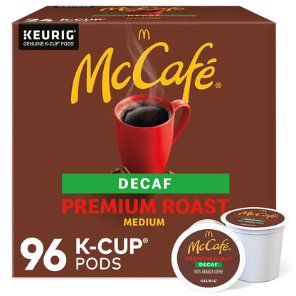 McCafe Premium Roast Decaf K-Cup coffee pods for Keurig, medium roast, 84-count box, single-serve coffee pod packaging