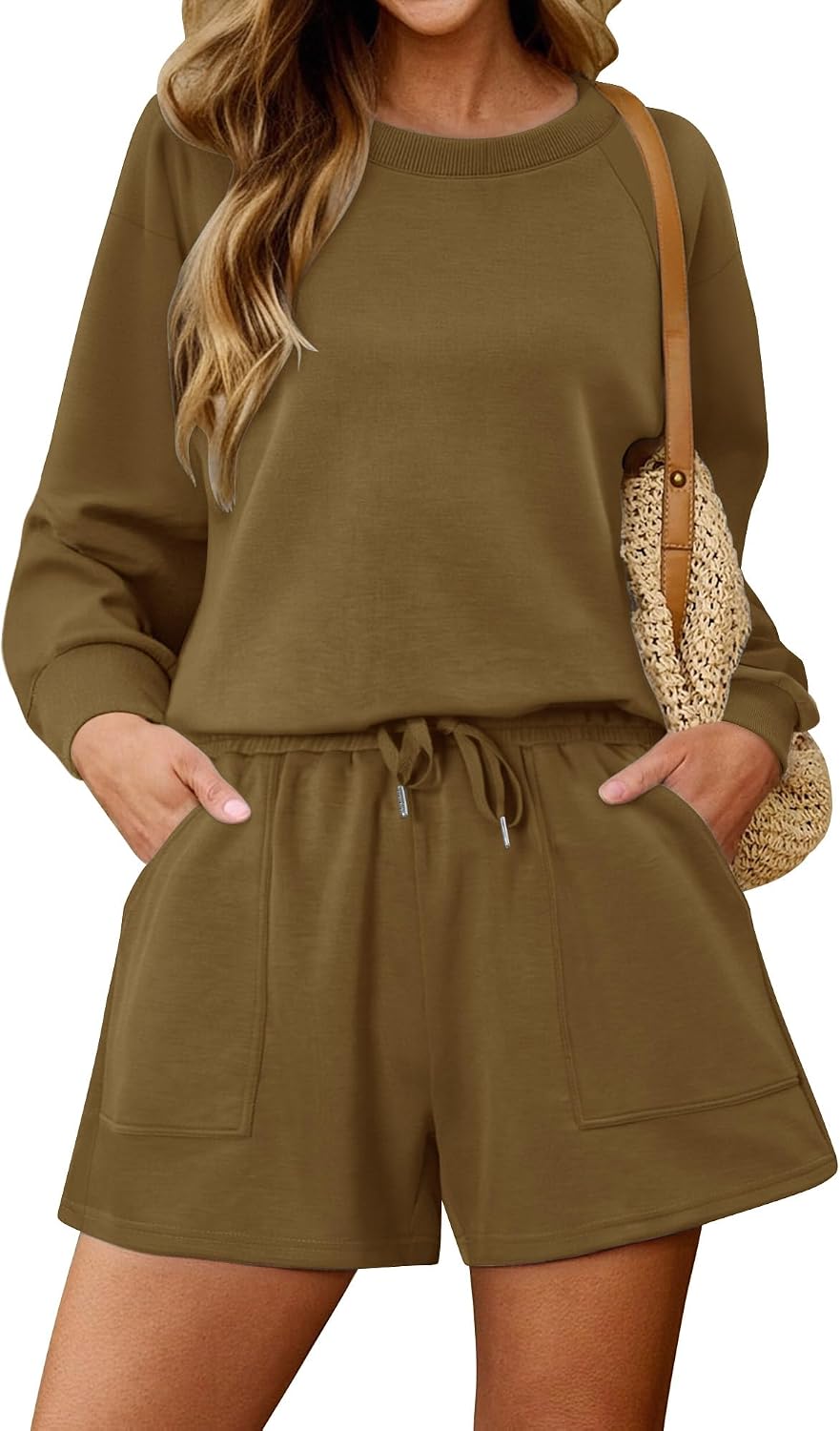 KISSMODA women's lounge set with matching sweatshirt and shorts, comfortable casual wear for relaxing at home.