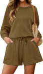 KISSMODA women's lounge set with matching sweatshirt and shorts, comfortable casual wear for relaxing at home.