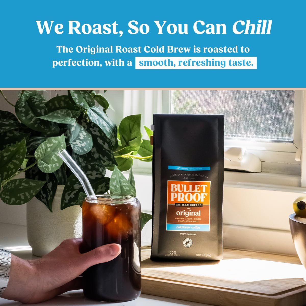 Bulletproof Original Cold Brew Coffee ground in medium roast, 12 oz, coarse grind for smooth cold brew preparation.