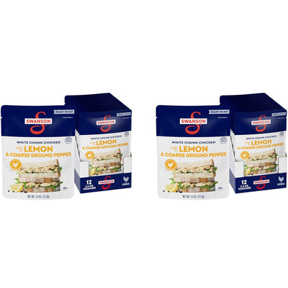 Canned Swanson White Premium Chunk Chicken in Water, 4 cans of 2.4 oz each, showing the product packaging with white chicken chunks
