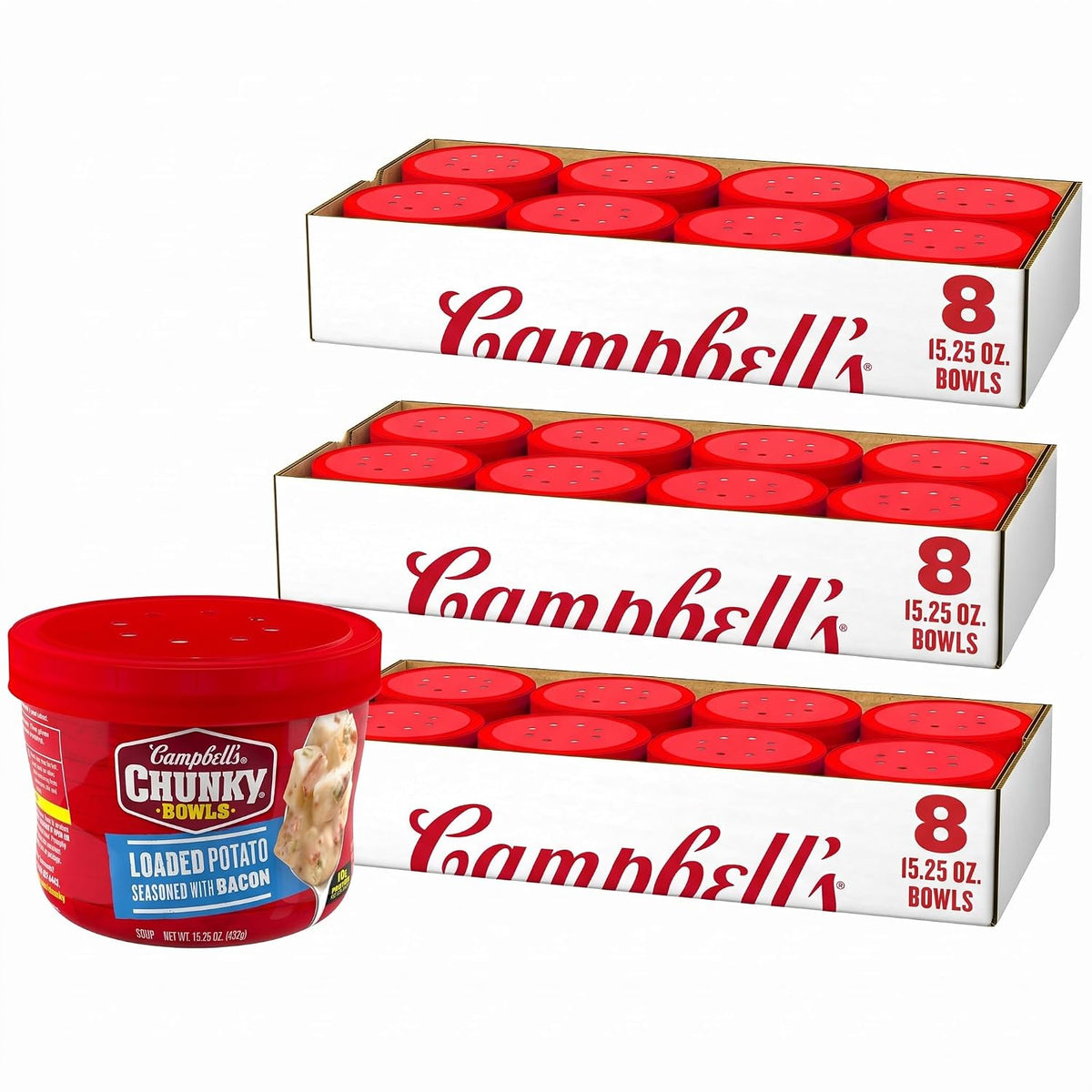 Campbell’s Chunky Baked Potato with Steak & Cheese Soup in an 18.8 oz can, showing the soup with chunks of steak, potatoes, and cheese.