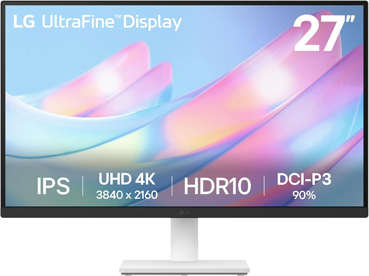 LG 27US500-W 27-inch 4K UHD HDR10 IPS monitor in white, borderless design with HDMI and DisplayPort ports, flicker safe switch.