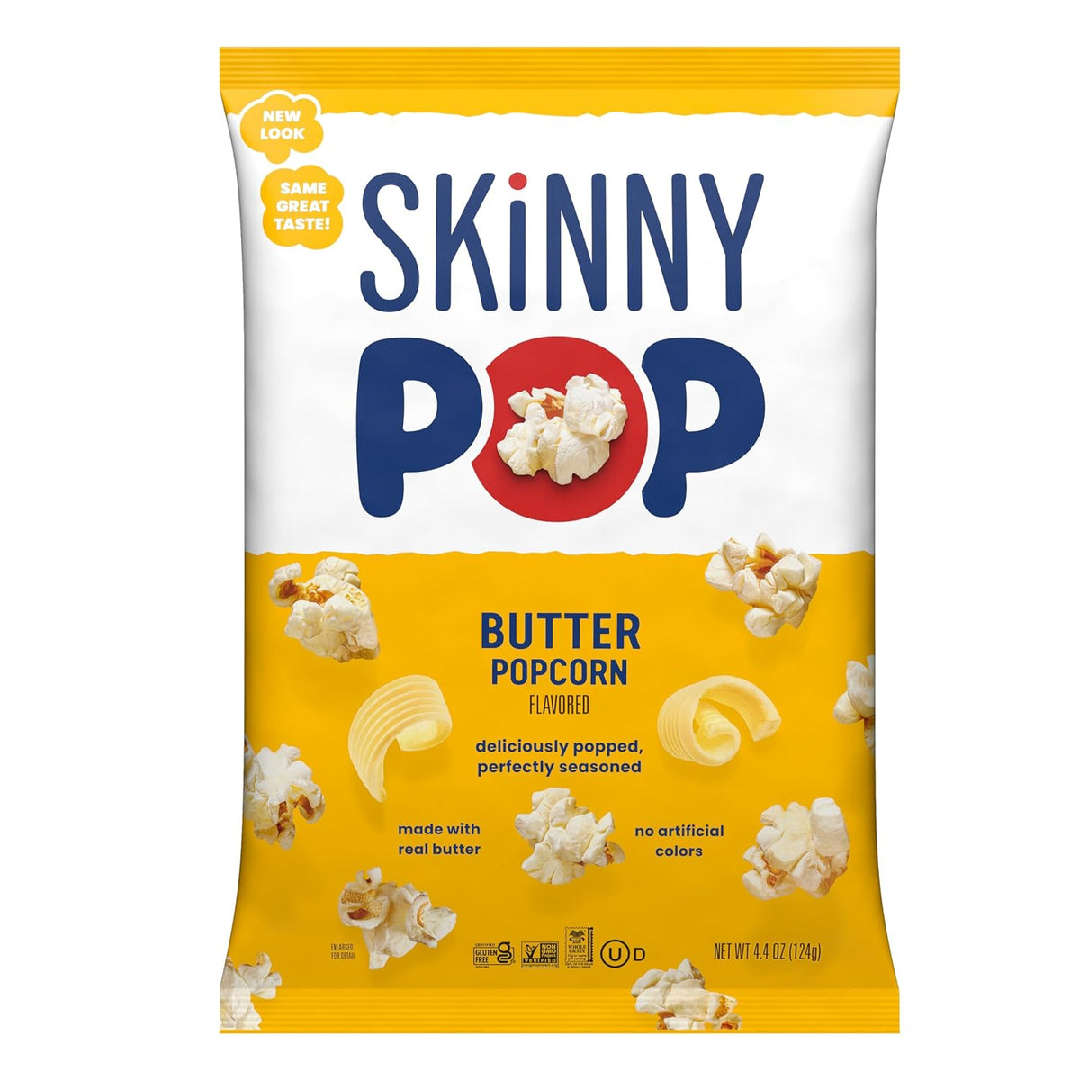 BackUpMyFilesNow® SkinnyPop White Cheddar gluten-free popcorn in an 8 oz bag, showing crunchy white cheddar-coated popcorn pieces.