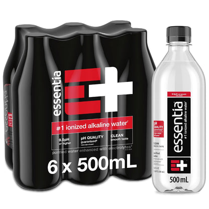 Six bottles of Essentia Water ionized alkaline water, 33.8 fl oz each, with clear labels and blue caps.
