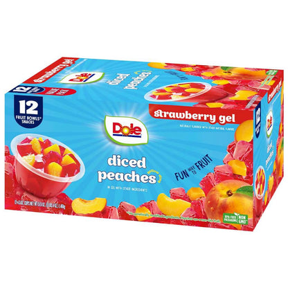 Dole Fruit Bowls Peaches in 4.3oz snack cups, showing peeled peach slices in syrup, packaged in clear plastic cups.
