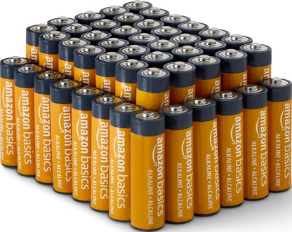 Amazon Basics 48-pack AA alkaline batteries with 1.5V, long-lasting, high-performance, and leak-resistant for household devices.