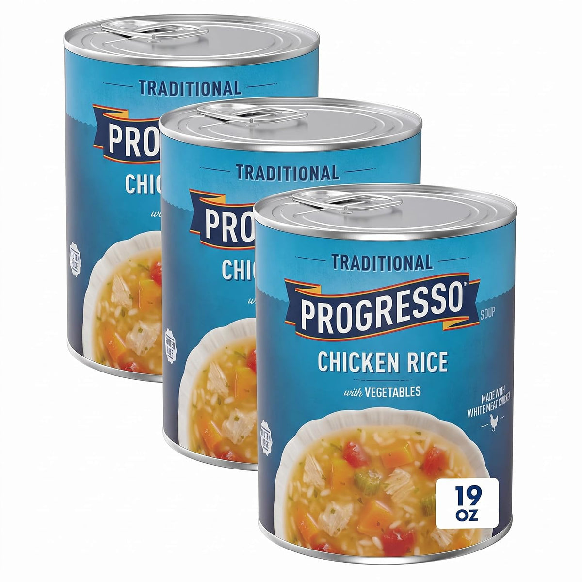 Canned Progresso Traditional Chicken Noodle Soup, 19 oz, 4-pack, with visible soup and noodles in a clear can