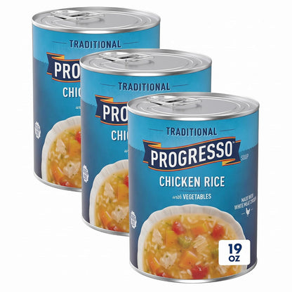 Canned Progresso Traditional Chicken Noodle Soup, 19 oz, 4-pack, with visible soup and noodles in a clear can