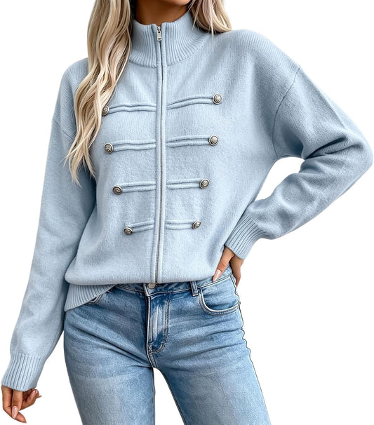 GONFXA women's zip-up Napoleon jacket sweater with ribbed knit, mock neck, and cardigan style in a cozy, stylish design.