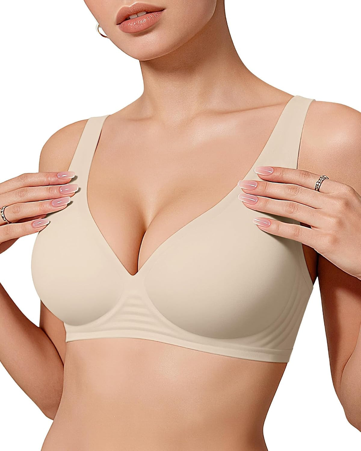 OEAK women's wireless jelly bralette with deep V neckline, comfortable push-up T-shirt bra, soft and seamless for everyday wear.