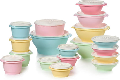 Tupperware Heritage 36-piece vintage pastel food storage container set with 18 containers and 18 lids on white background
