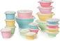Tupperware Heritage 36-piece vintage pastel food storage container set with 18 containers and 18 lids on white background
