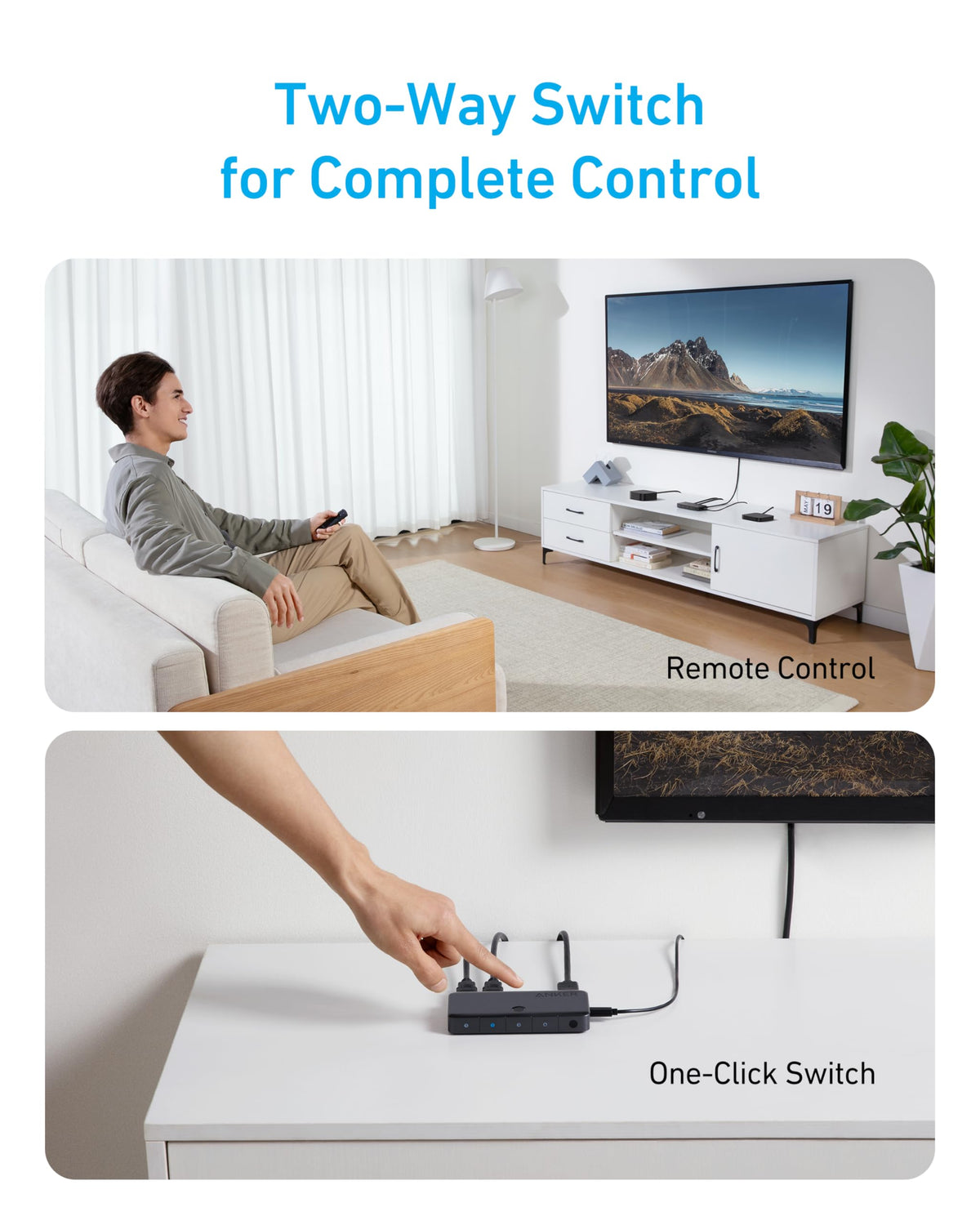 Anker 4-in-1 HDMI switch with 4K resolution, multiple HDMI ports, and sleek black design for easy device connection.