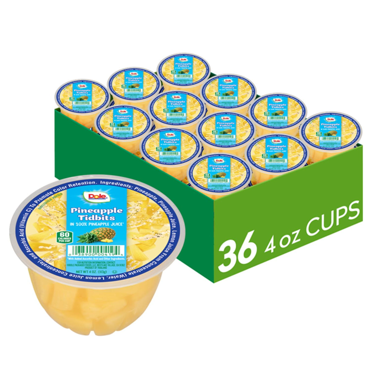 Canned Dole pineapple tidbits and tropical fruit in 4 oz bowls, 12-pack, showing colorful fruit pieces in syrup.