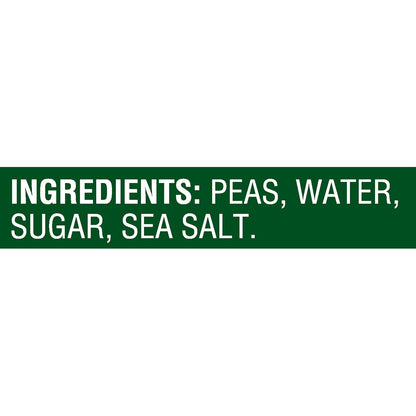 Canned Del Monte sweet peas in 15-ounce cans, showing bright green peas inside the can, stacked for a pack of four.
