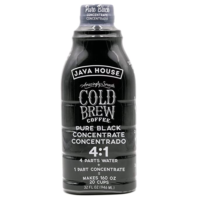 Java House Cold Brew Concentrate bottle with black cap and label, showcasing the dark coffee liquid inside.