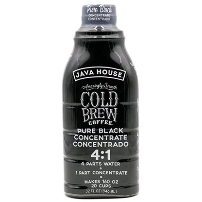 Java House Cold Brew Concentrate bottle with black cap and label, showcasing the dark coffee liquid inside.
