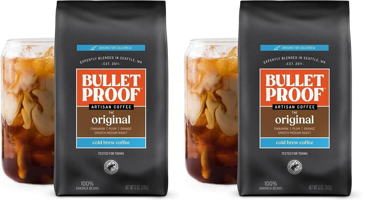 Three 12 oz packages of Bulletproof Original Medium Roast Ground Coffee, showing ground coffee in sealed bags.