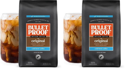 Bulletproof Original Cold Brew Coffee ground medium roast in 12 oz bag, coarse ground coffee for brewing.